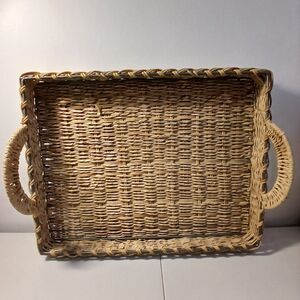 Crate & Barrel Rectangle Rattan Wicker & Metal Serving Basket Casserole Handles